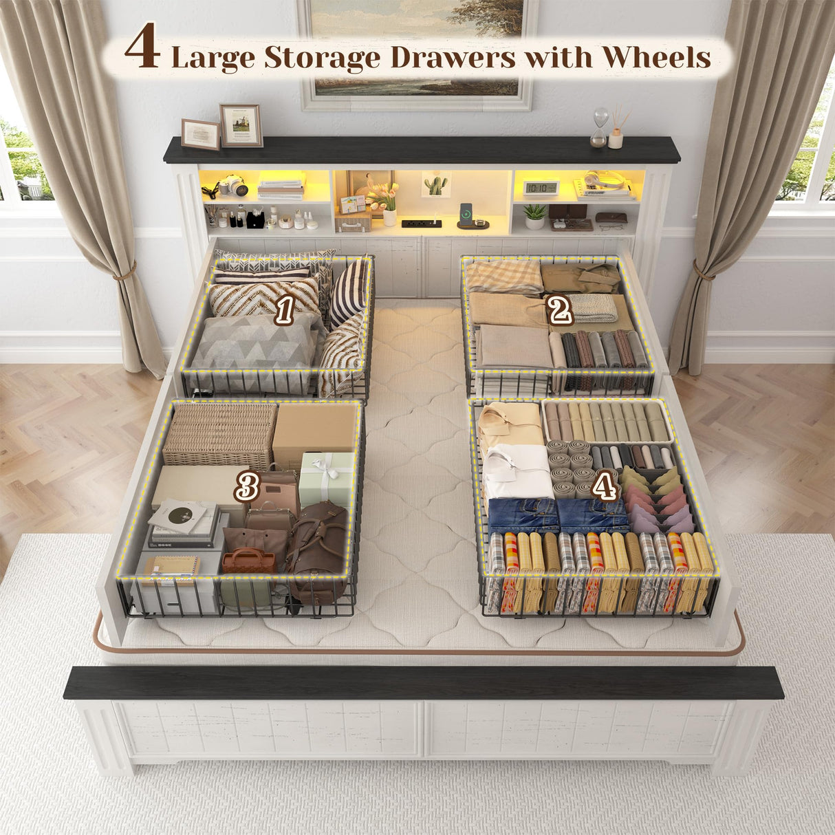 EnHomee Queen Bed Frame with Headboard and Storage, 4 Drawers and LED Built in Charging Station Bed Frame Queen Size with Storage Farmhouse, NO Noise,No Box Spring Needed, White EnHomee