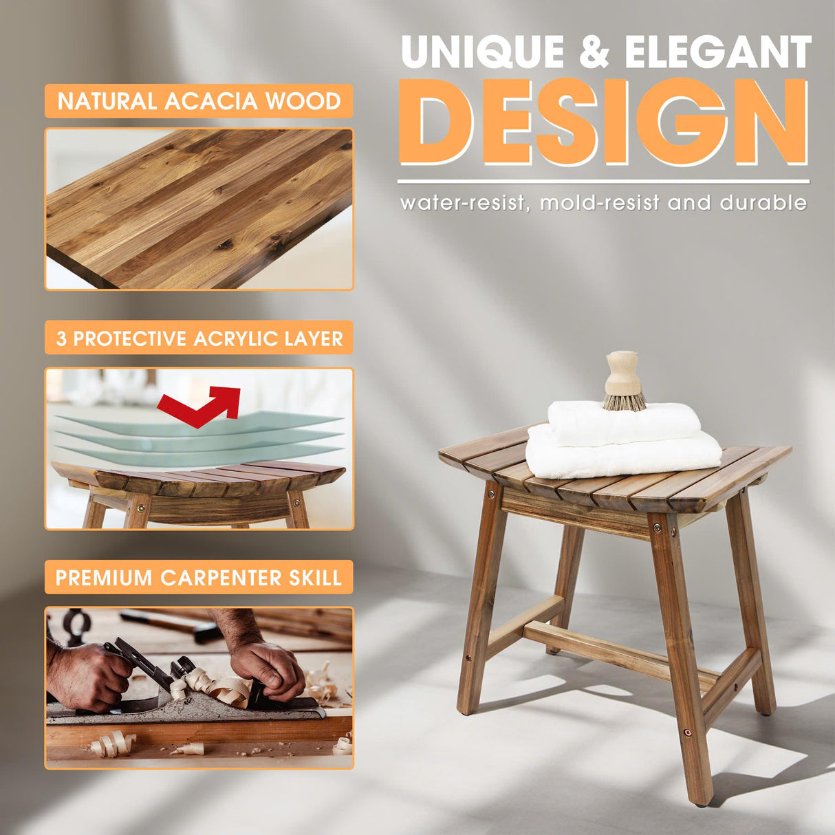 Acacia Shower Stool Bench Chair for Inside Shower to sit on, 18 Inches Shaving Legs Bench, Spa, Bath Seat, Waterproof Inside Shower Bench for Adults Seniors Elderly (18 in Original) ENKEZI