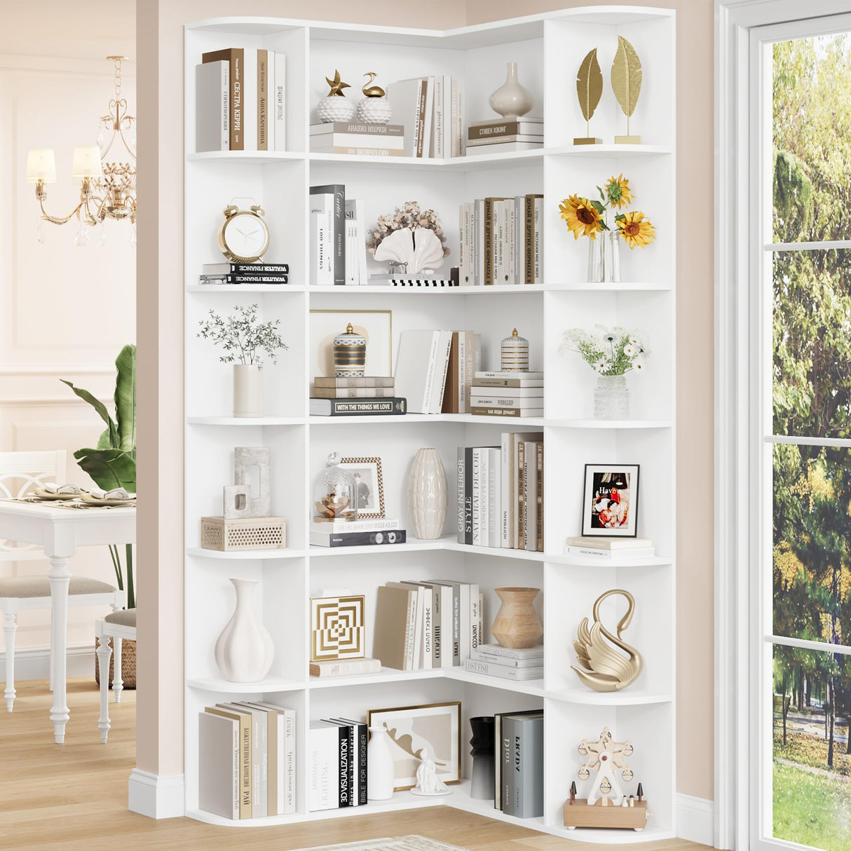 FOTOSOK 74” Tall Corner Bookshelf, 6-Tier Bookshelf and Bookcase with Open Storage, L Shaped Tall Bookcases Wooden Storage Shelves for Home Office, Thickened Boards for Better Load Bearing, White FOTOSOK