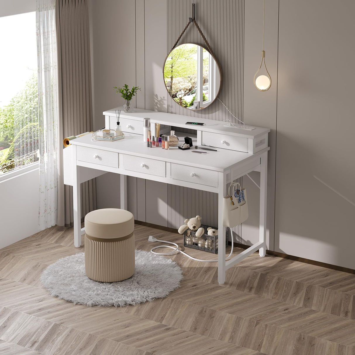 Lufeiya White Computer Desk with Fabric Drawers for Home Office, 40 inch Vanity Makeup Desk with Drawers Storage for Bedroom, Writing Study Table with Power Outlet & Monitor Stand, White Lufeiya