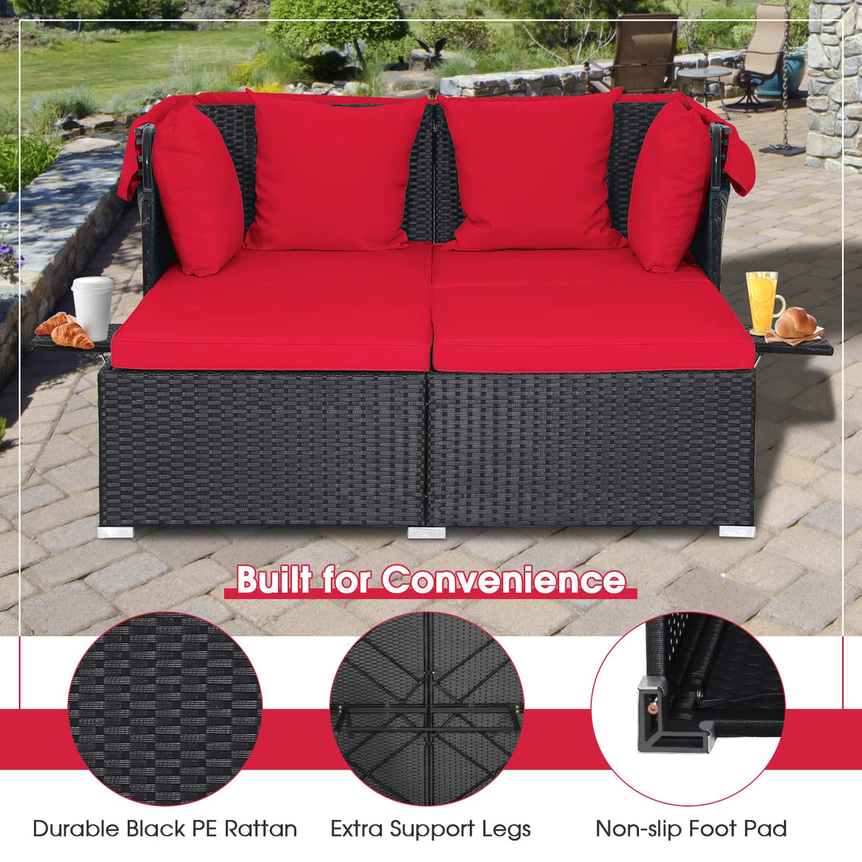 RELAX4LIFE Patio Outdoor Daybed with Canopy, Wicker Sunbed w/Cushions, 4 Pillows & 2 Retractable Side Trays, 2-Person Lounge Bed Conversation for Poolside Porch Garden, Rattan Outdoor Bed (Red) RELAX4LIFE
