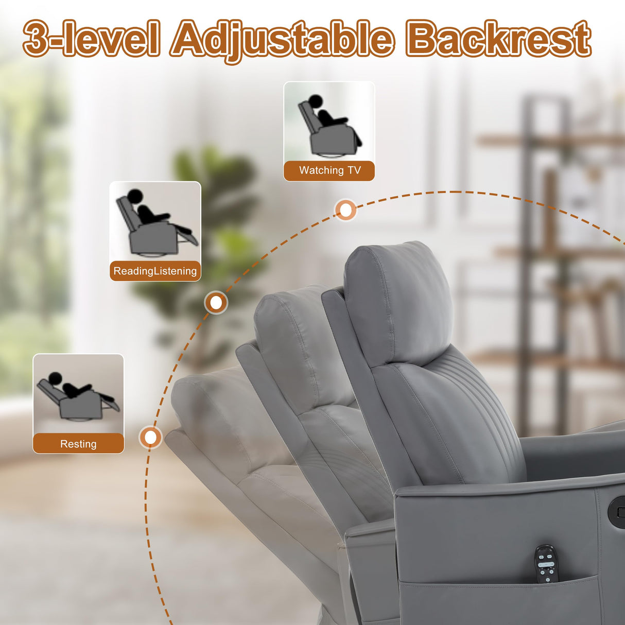 Manual Swivel Rocker Recliner Chair for Adults, Overstuffed Recliner Glider with Massage and Heat, Living Room Reclining Chair, PU Leather Gray Luxlen