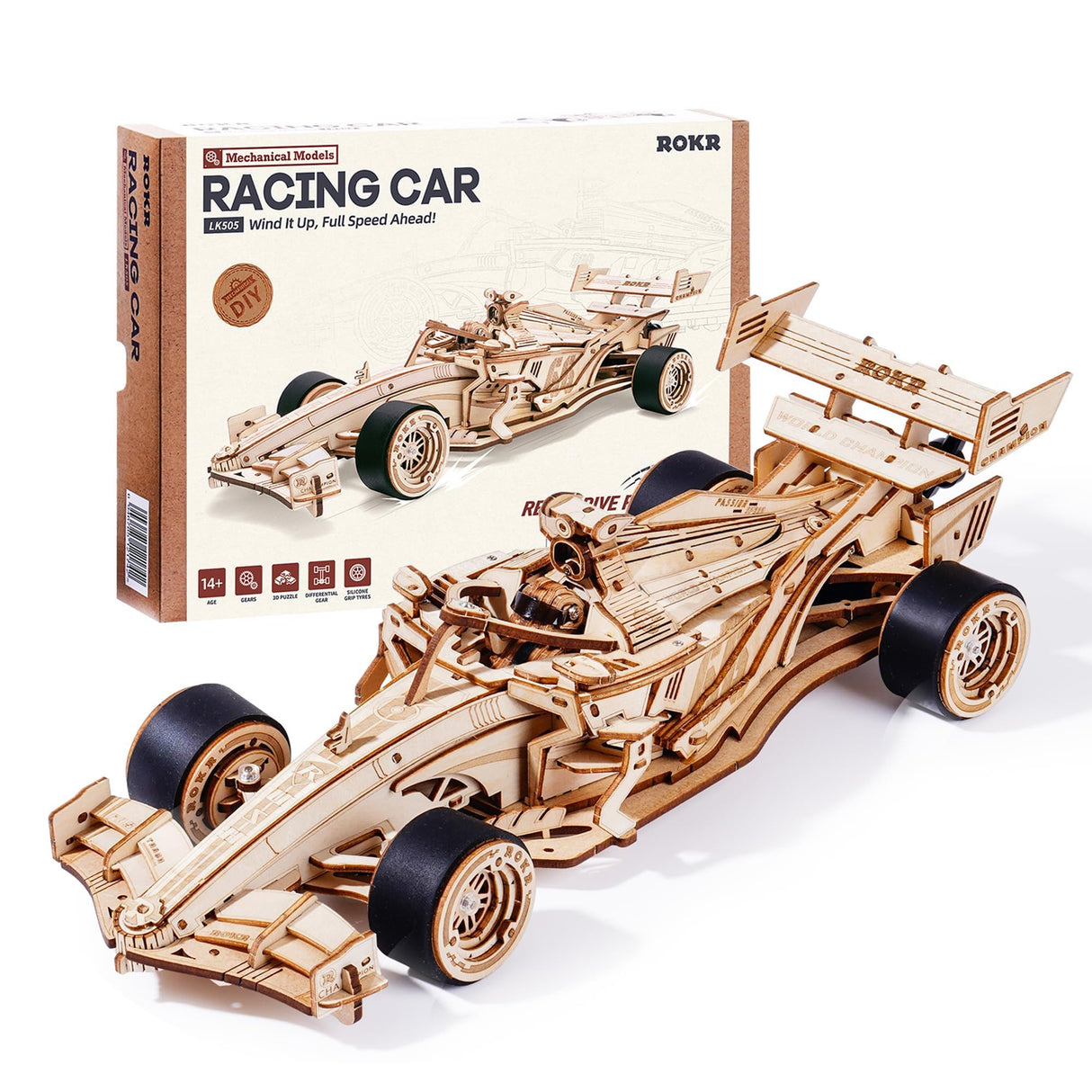 ROKR 3D Wooden Puzzle 1:18 Scale Formula Racing Cars for Adults, 5 Hour Build, Wind up Toys Model Car Kits for Adults to Build, Ideal Gift for Boys and Men ROKR