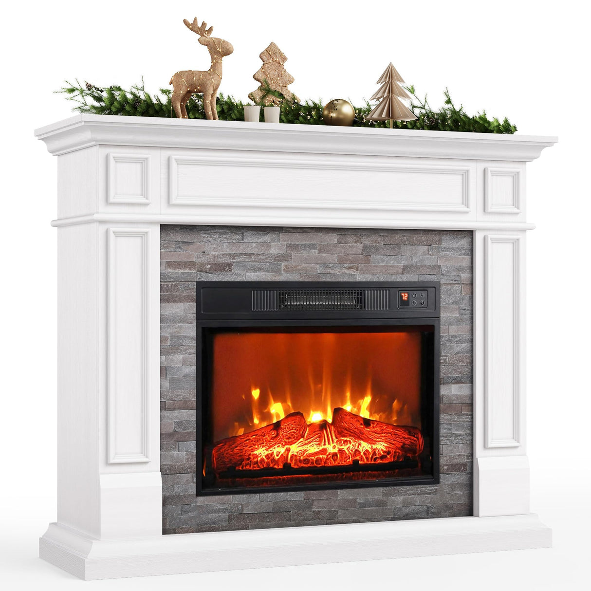 LGHM 44" Electric Fireplace with Mantel, Tall Fireplace Heater Freestanding, Realistic Stacked Stone Surround with Remote Control Timer LED Flame for Living Room,Bedroom… LGHM