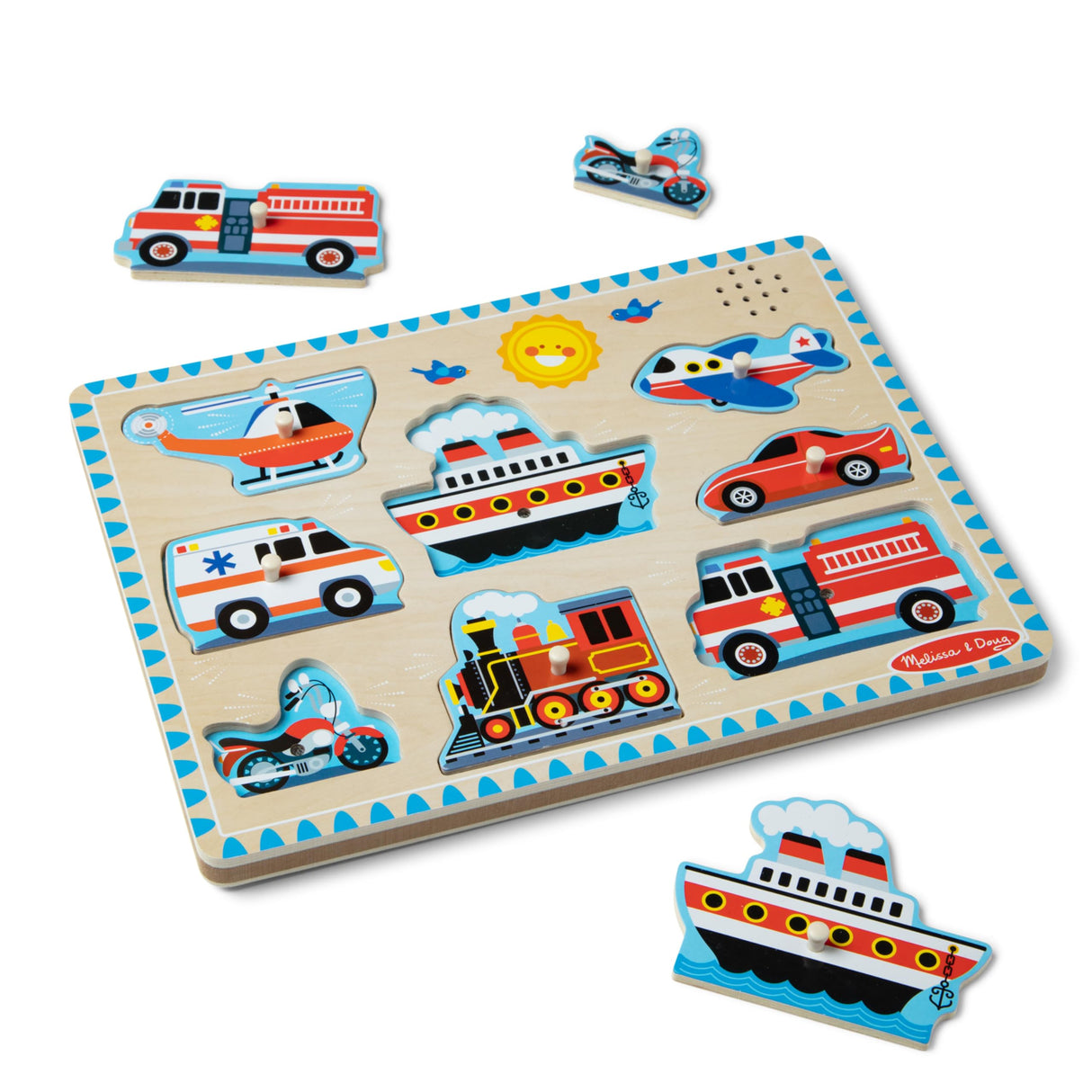 Melissa & Doug Vehicles Sound Puzzle - Wooden Peg Puzzle With Light-Activated Sound Effects (8 pcs) Puzzles for Toddlers, Wooden Puzzles For Kids Ages 2+ Melissa & Doug