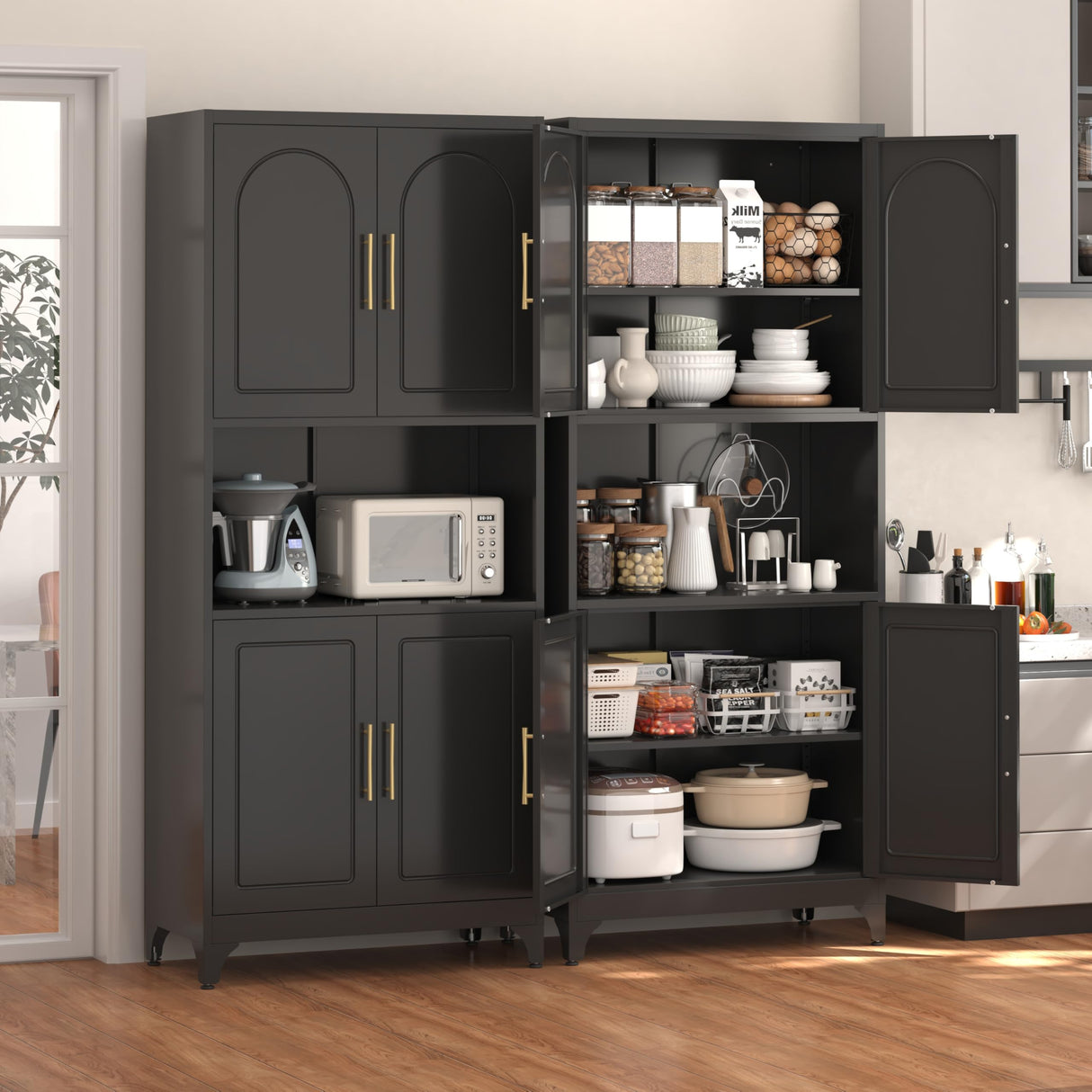Polup Kitchen Pantry Cabinet, 75" H Kitchen Hutch with Microwave Stand, Food Cupboard with Countertop, Metal Storage Cabinet with Doors and Shelves for Living & Dining Room, Black - Assemble Required Polup