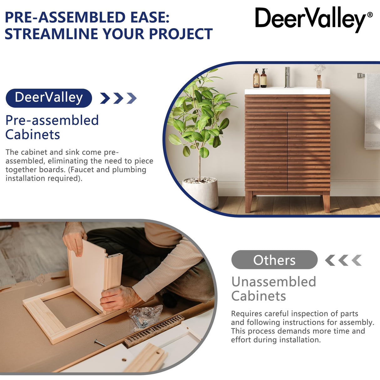 DeerValley DV-1BV0151NW 24" Bathroom Vanity with Ceramic Sink Top, Pre-Assembled Mid-Century Wood Bathroom Cabinet Sink Combo in Walnut White Deer Valley