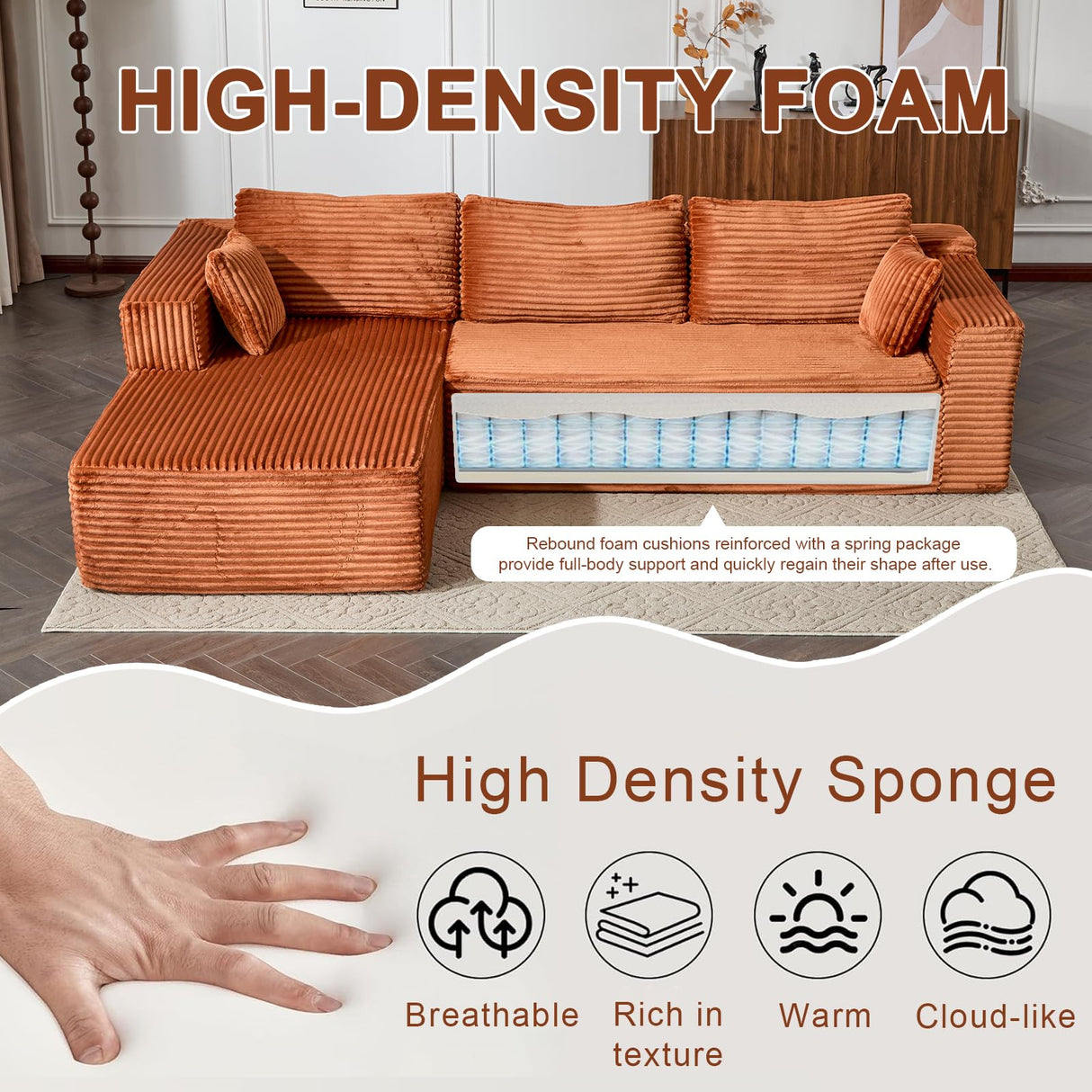 110" Modular Sectional Sofa with L-Shape Chaise, Boneless Cloud Couch with Deep Seat, Sponge Compression Sofas No Assembly Required, Upholstered Couches for Living Room Bedroom, Corduroy (Brown) ETCZOYE