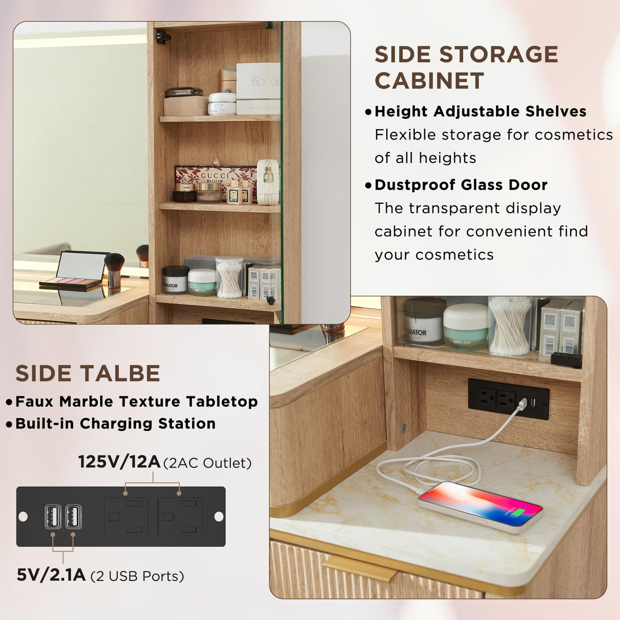 T4TREAM Makeup Vanity Desk with 36" HD Lighted Mirror, 48" Big Modern Vanity Desk with Mirror and Lights, Dressing Table with 5 Drawers & Shelves, Glass Top for Bedroom (Natural Oak) T4TREAM