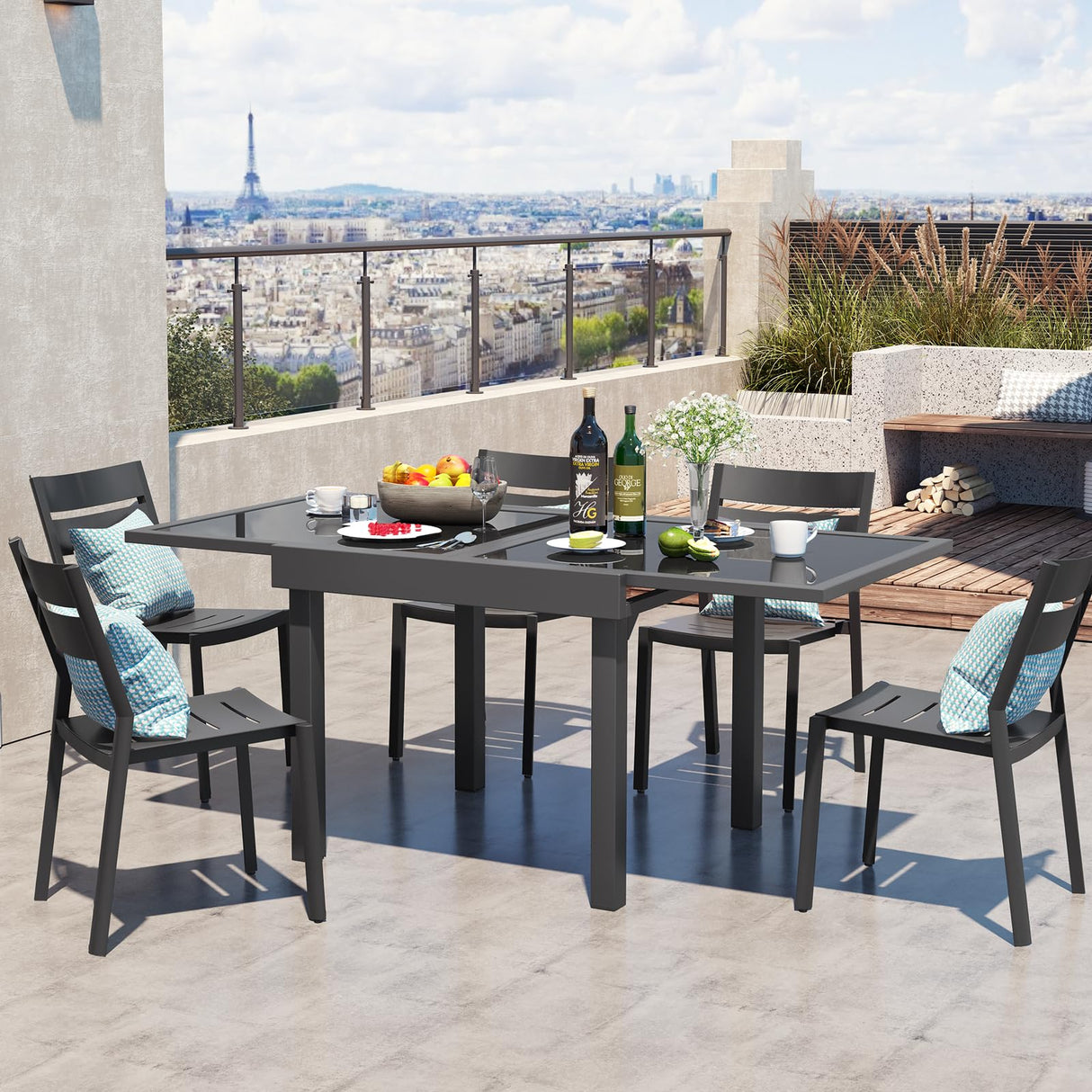 PATIOHIT Modern Aluminum Outdoor Dining Table - Expandable Patio Glass Dining Table for 6-8, Extendable Aluminum Patio Extender Table 35" to 70" for Backyard, Porch, Deck, Garden - Dark Grey PATIOHIT