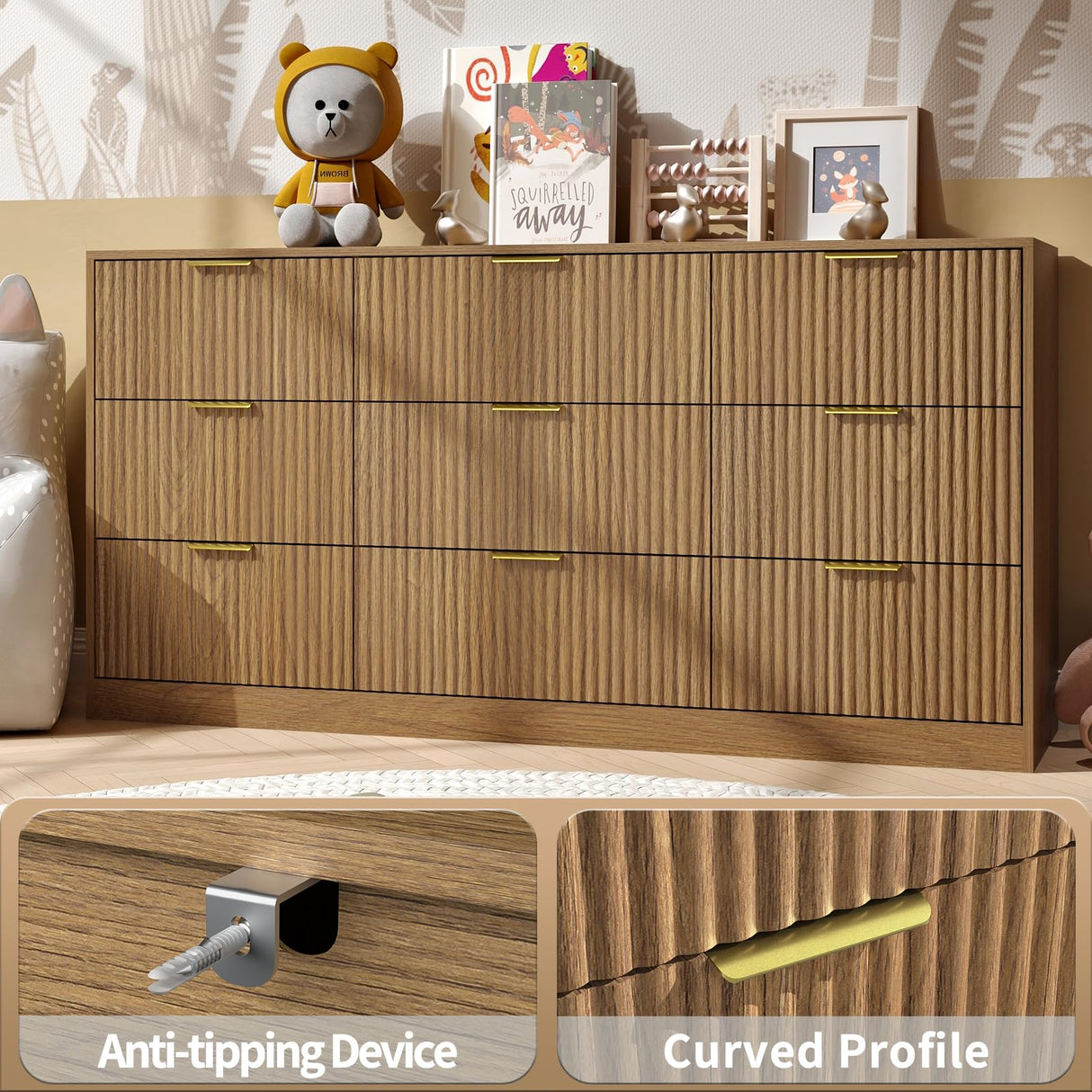 NOVAMAISON Dresser for Bedroom with 9 Drawer, 63” Wide Wooden Dresser Mid Century Chest of Drawers with Metal Handle, Dressers TV Stand Storage Organizer for Closet, Bedroom, Living Room, Natural Wood NOVAMAISON