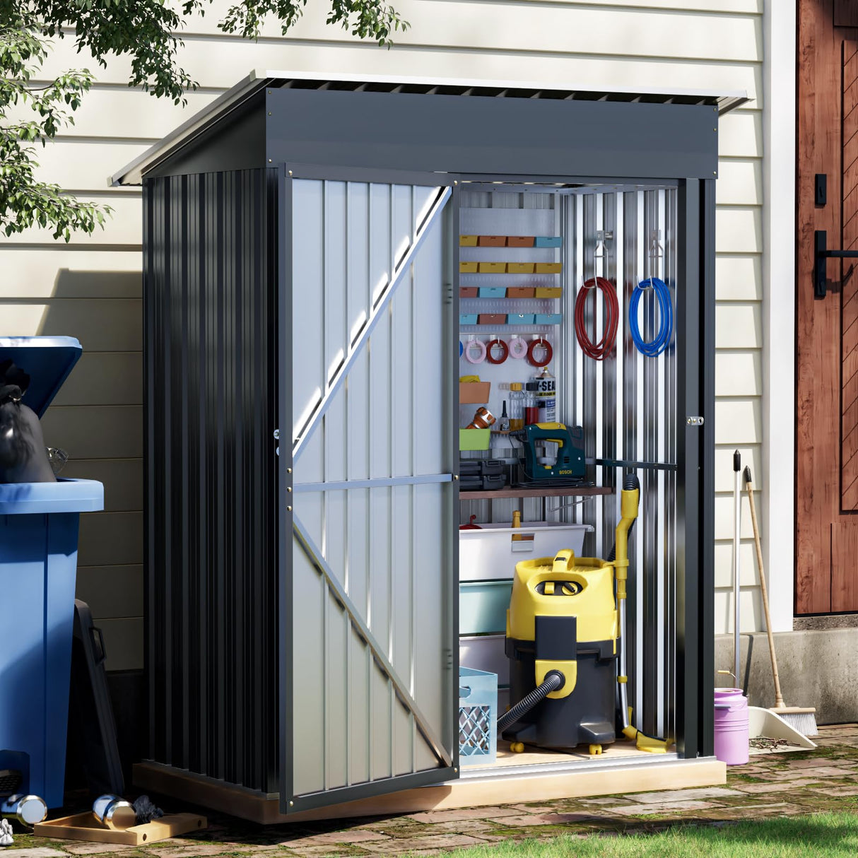 Grovellis 3x5 FT Outdoor Metal Storage Shed with Floor Frame, Single Door, 1 Clear Window, Tool Shed for Garden, Patio, Backyard Grovellis