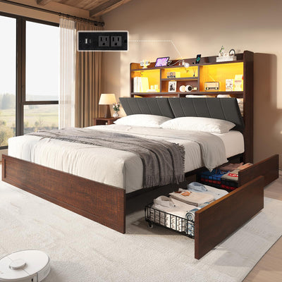 LUXOAK Full Farmhouse Bed Frame with Bookcase Headboard and 4 Drawers, LED Storage Bed with Charging Station & Linen Upholstered, No Box Spring Needed, Reclaimed Barnwood