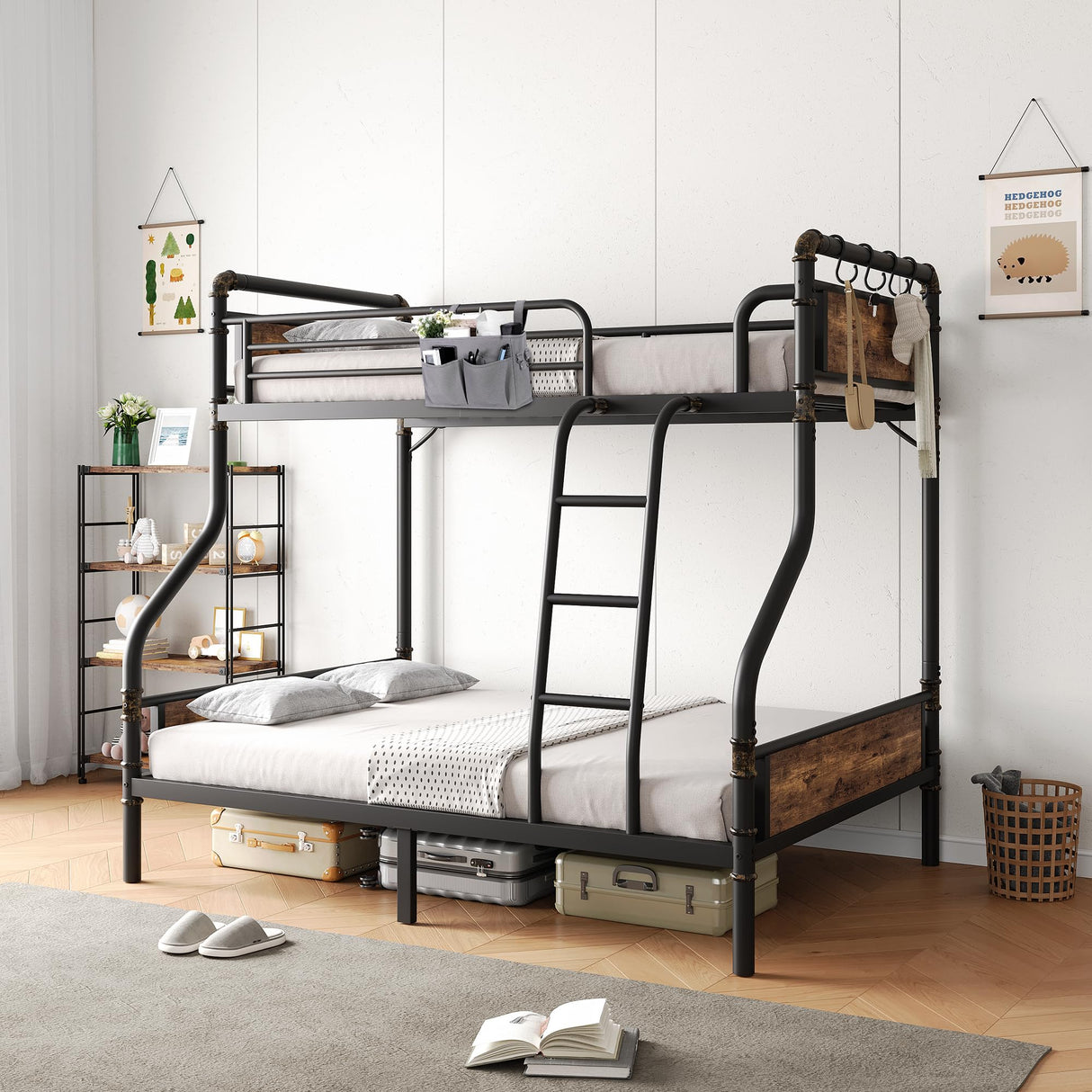 Jocoevol Metal Bunk Bed Twin Over Full, Industrial Bunkbeds Heavy Duty Bed with Safety Guard Rails and Space-Saving Design, Steel Bed for School, Bedroom (Vintage Brown) Jocoevol
