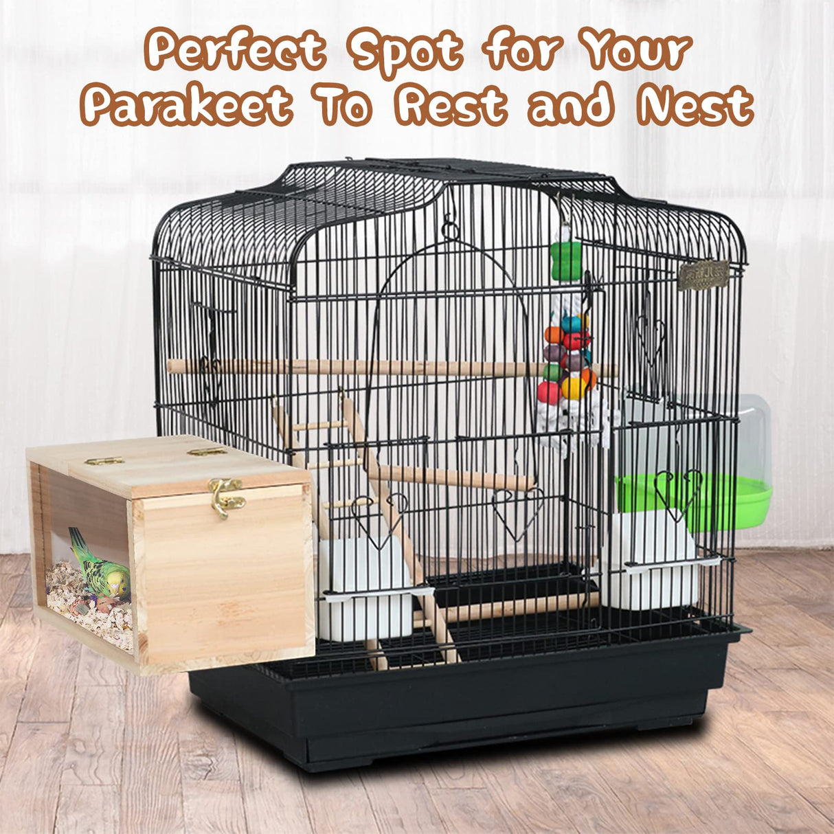GINDOOR Parakeet Nesting Box Transparent Bird House for Cage Natural Wood Breeding Box for Parrot Parakeet Cockatiel Lovebirds Budgie Conure and Other Small Birds GINDOOR