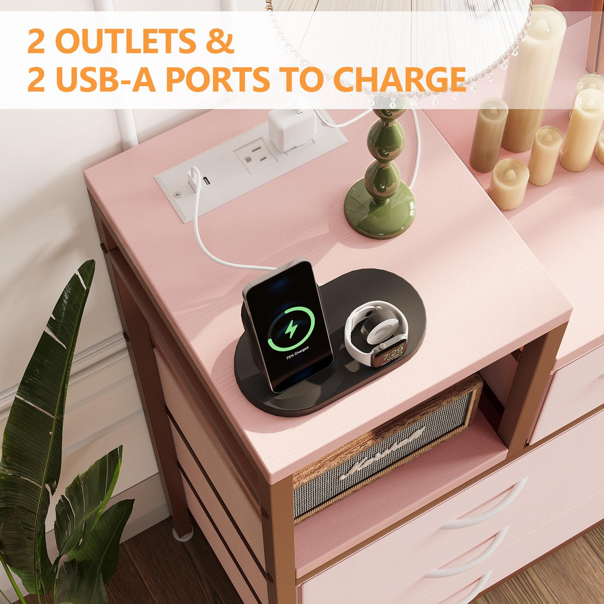 Klysiora Dresser Bedroom Dresser with 9 Drawers Tv Stand with Charging Stand Modern Design Fabric Chest of Drawers for Living Room Bedroom - Pink Klysiora