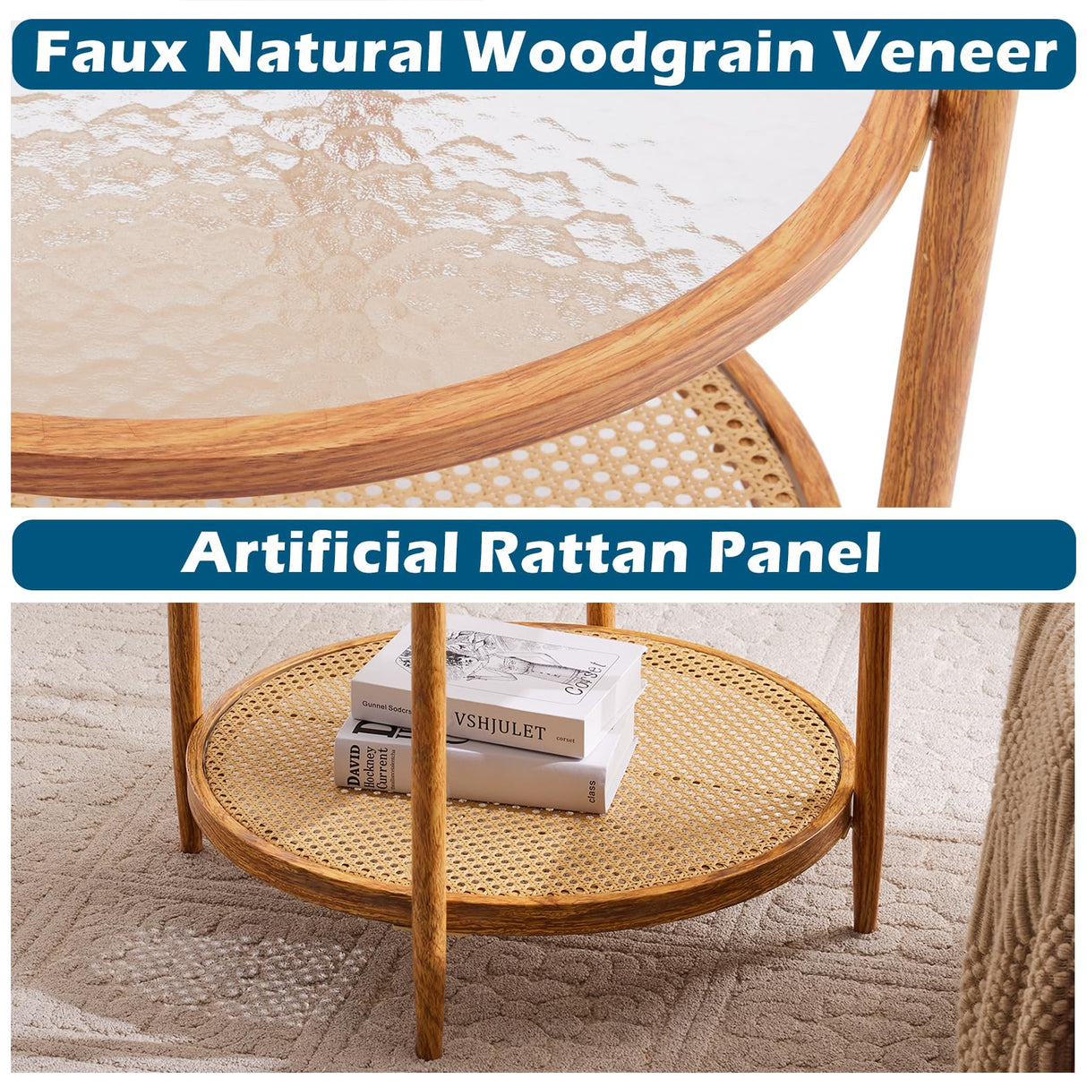 VINGLI 25.6" Rattan Coffee Table, Round Water-Wave Glass Metal Center Table, Modern Coffee Table with 2-Tier Storage, Farmhouse Circular Coffee Table for Living Room and Small Space, Natural Vibe VINGLI