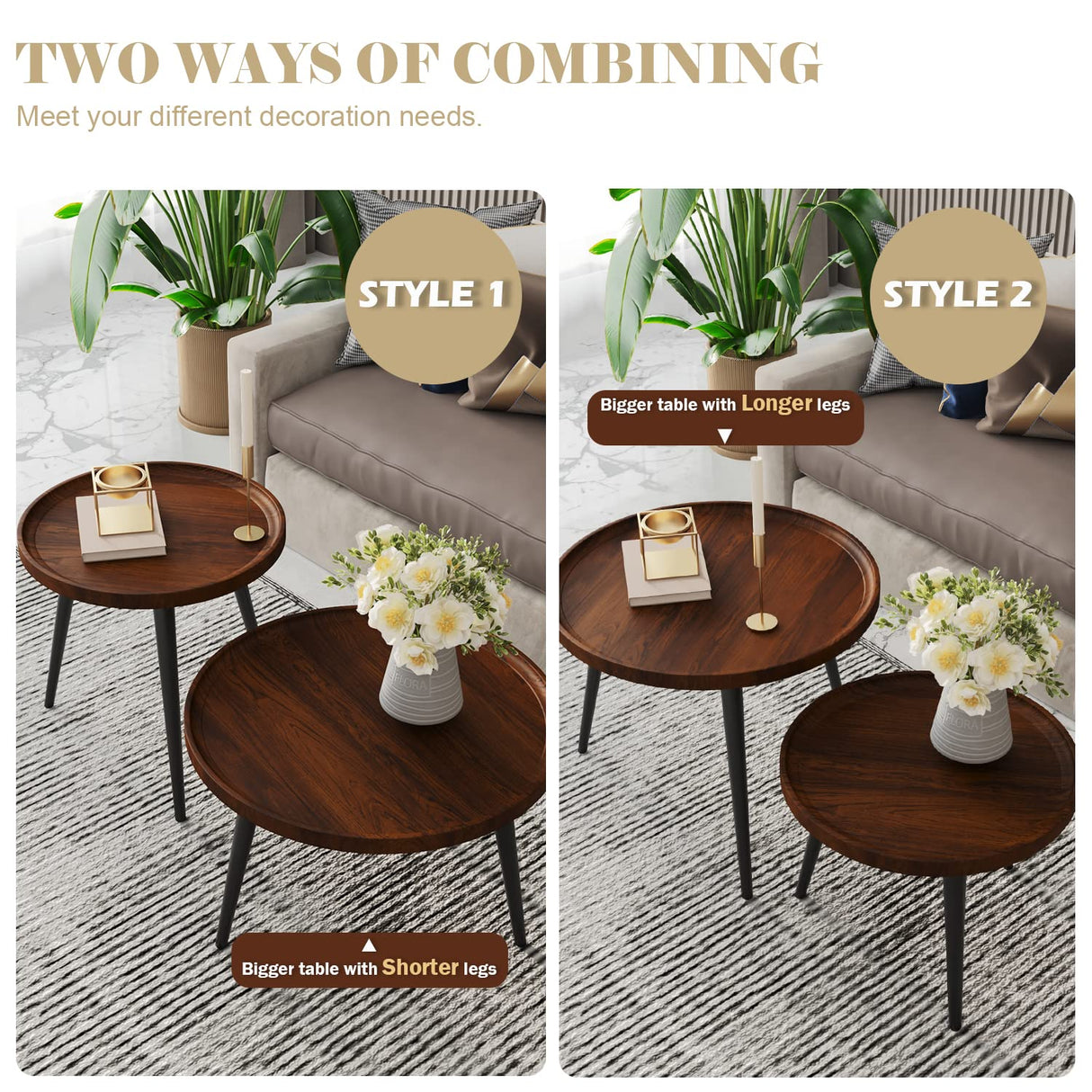 Semjar 2-Piece Mid Century Modern Round Walnut Coffee Table Set for Living Room,Easy Assembly Nesting Coffee Tables,Small Circle Coffee Side Tables for Sofa Bedside Office Balcony Semjar