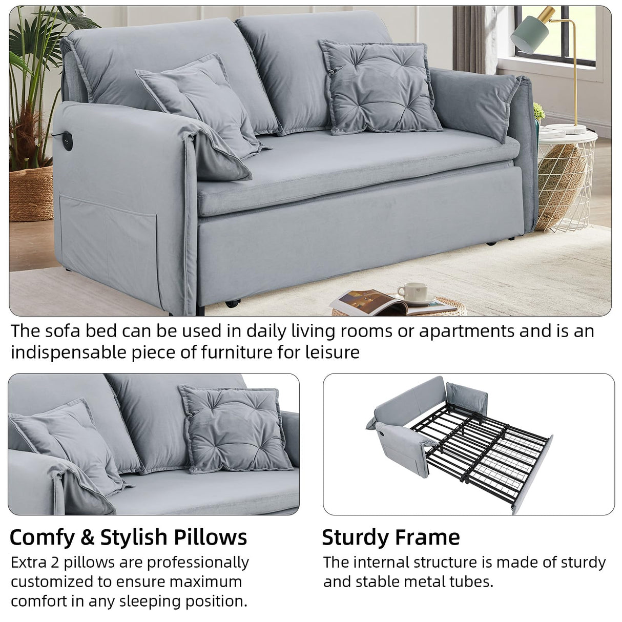 Queen Size Futon Sofa Bed,3-in-1 Convertible Sleeper Sofa Bed,Velvet Pull Out Bed with USB Port,Side Storage,2 Soft Pillows,Recliner Loveseat Sofa for Living Room,Small Space(Grey) Otnqu