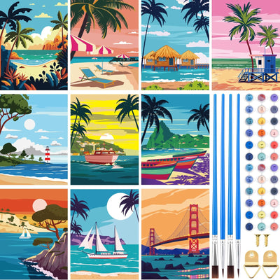 Gueevin 10 Pack Paint by Number DIY for Adults Paint by Numbers Acrylic Painting Kits Canvas, Without Frame, Simple Oil Painting for Spring Summer Gift Wall Decor 12 x 16 inch(Beach Style)