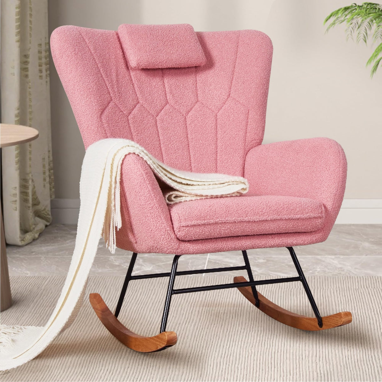 VECELO Rocking Chair Nursery with Thick Headrest, Modern Teddy Upholstered Reading Glider Rocker Accent Armchair with High Backrest, Padded Seat, Side Pocket, for LivingRoom, Baby Room, Soft Pink VECELO