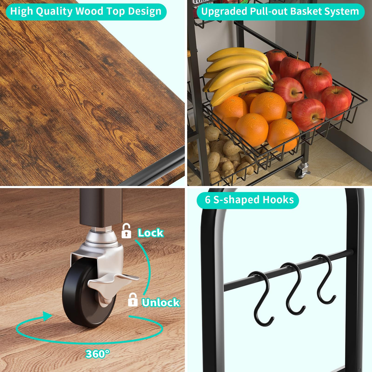 HapiRm Rolling Kitchen Microwave Cart - 4 Tier Microwave Table Stand with Pull-Out Baskets, Coffee Bar Baker's Rack with Wheels Rolling Storage Cart Organizer Shelf for Living Room Office, Balcony HapiRm