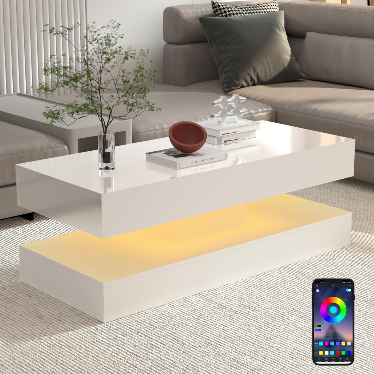 Uspeedy 47.3IN High Glossy LED Coffee Table,APP LED Lights,Black/White, Modern Furniture for Living Room (White) Uspeedy