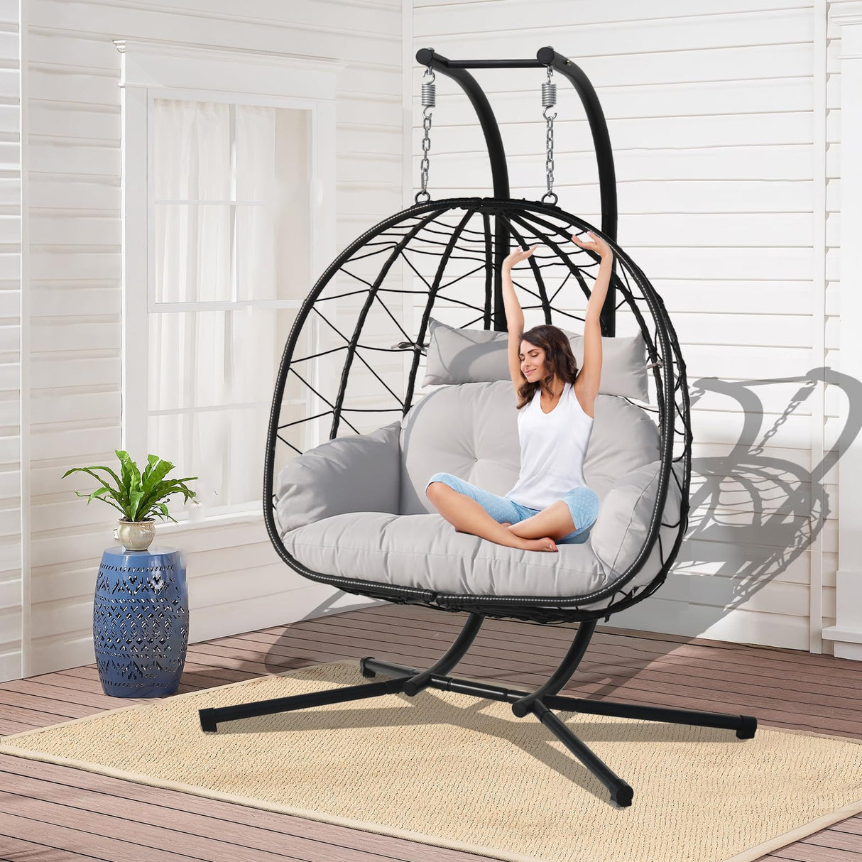 Double Hammock Egg Chair 2 Person Egg Chair Indoor Outdoor Swing with Stand Patio Wicker Hanging Chair Widened and Enlarged for Balcony Bedroom Porch Adults Kids VERASCOT