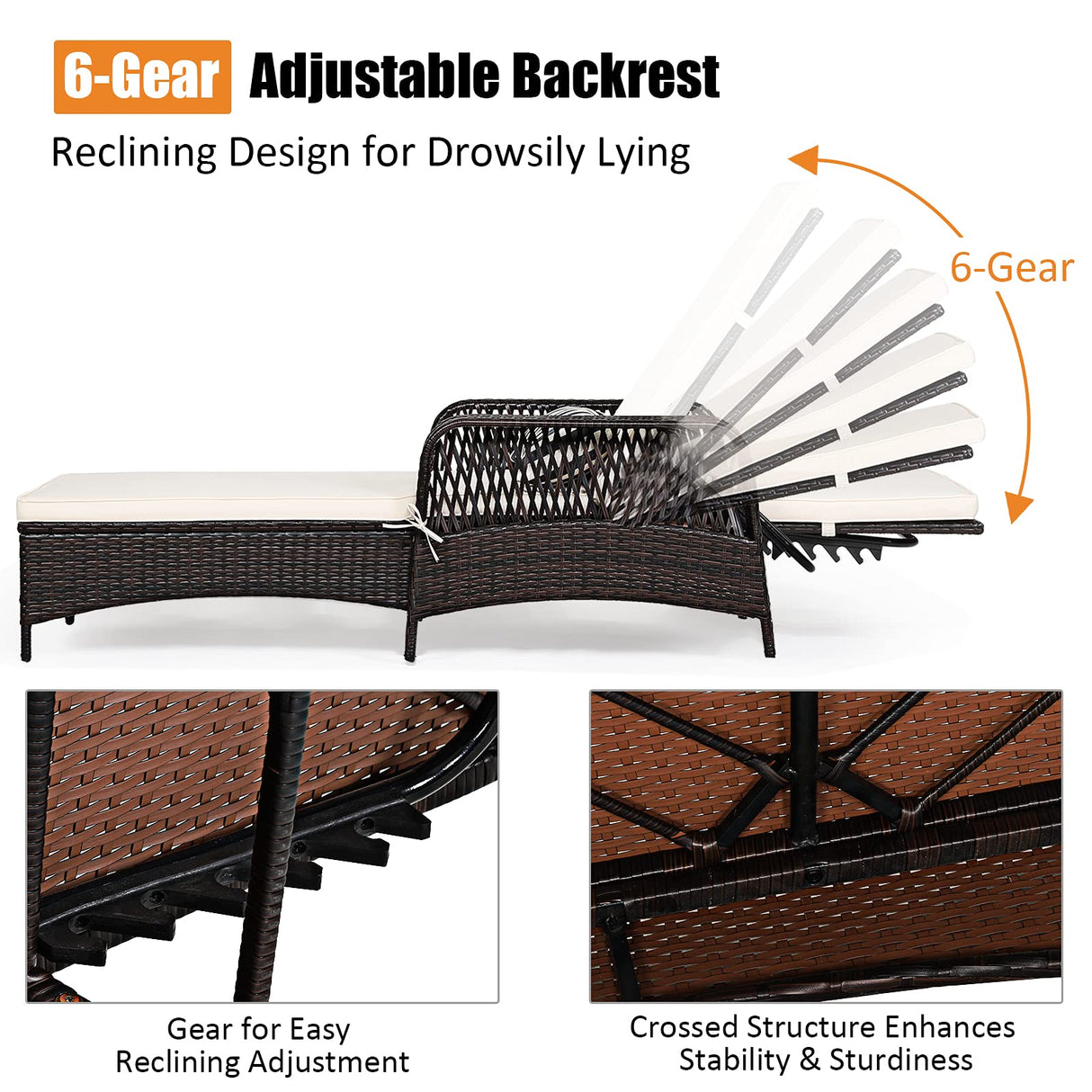 COSTWAY PE Rattan Chaise Lounge Chair, 6 Gear Adjustable Recliner with Armrest & Pillow, Wicker Outdoor Furniture for Deck, Patio (1, Brown) COSTWAY