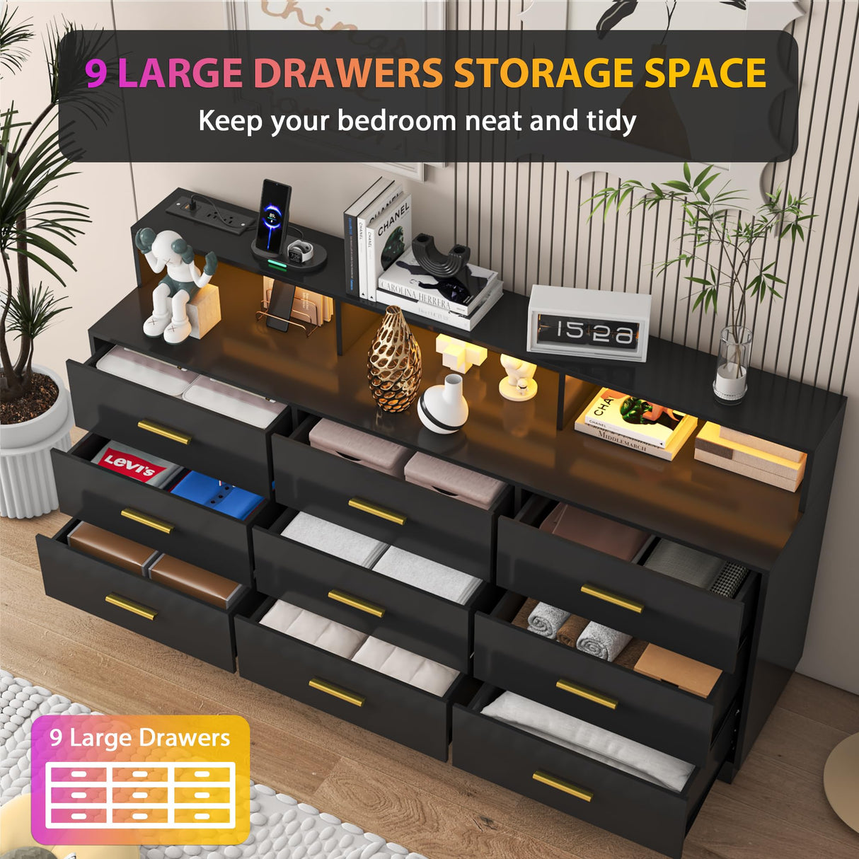 knoworld Black 9 Drawer Dressers for Bedroom, Modern Large Dresser with LED Light and Power Outlet, Wooden Long Dresser, Triple Dresser for Bedroom, Living Room, Entryway, Hallway knoworld