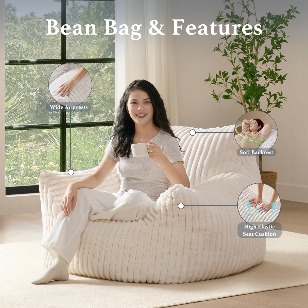 Giant Plush Bean Bag Chair for Adults with Armrests - Oversized Comfy Beige Beanbag Lounge Lazy Floor Sofa Accent Chair for Living Room, Bedroom & Dorm, Cozy Fluffy Single Cloud Mini Couch Gericco