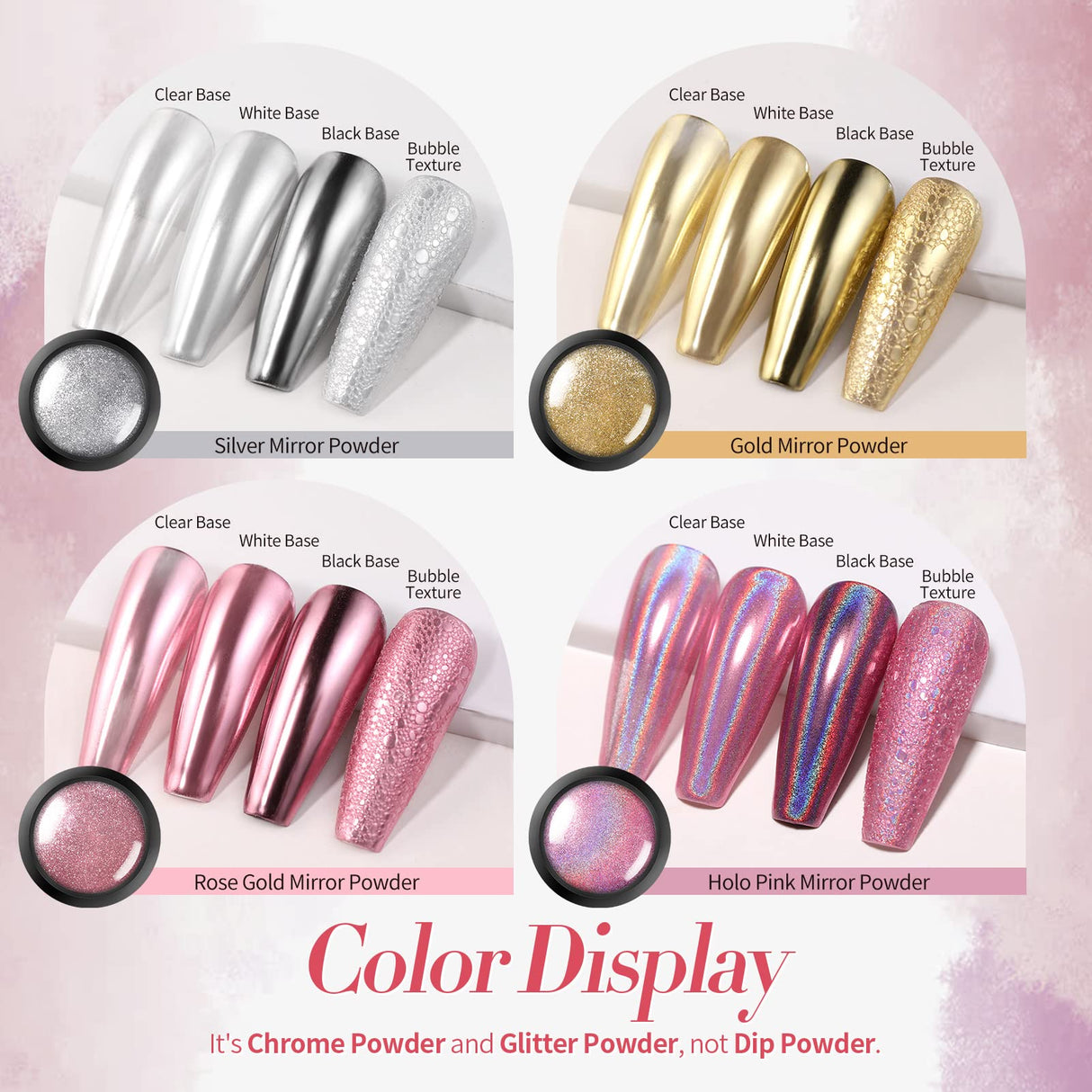 Born Pretty Chrome Nail Powder Metallic Mirror Powder Holographic Pigment Powder Manicure Nail Art Decoration Sets Silver Gold Pink Rose Gold 4 Boxes Born Pretty