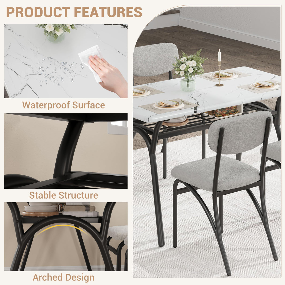 GarveeHome 5-Piece Dining Table Set for 4, Modern Kitchen Table with 4 Boucle Chairs, Rectangular Dining Table with Storage Shelf & Marble Tabletop, Beige Home Dining Furniture for Small Space GarveeHome