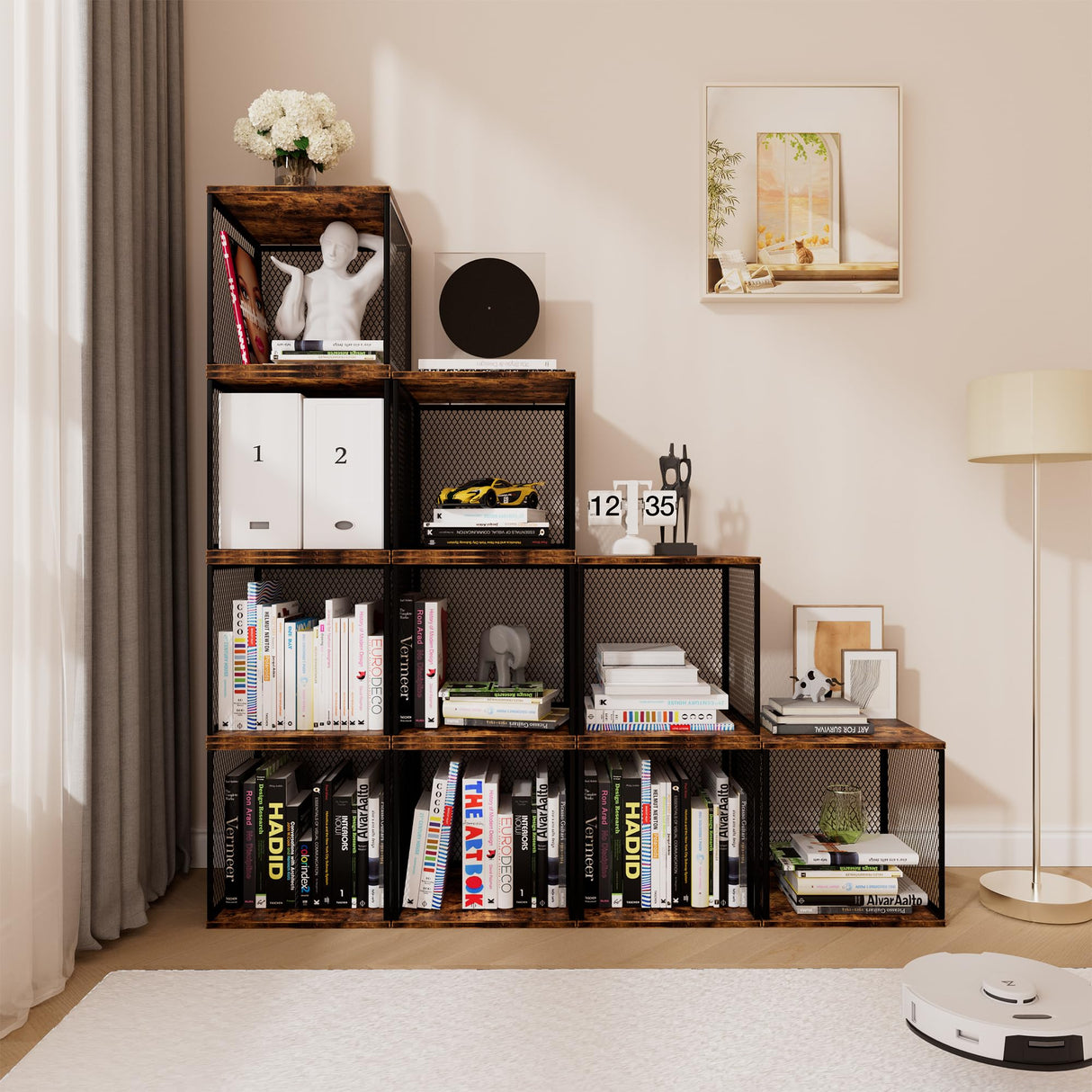 Ksuefao 2 Cube Storage Organizer, Small Bookshelves, DIY Variable Stackable Wooden & Metal Cubes Shelves for Desktop, Bedroom, Living Room, Black Brown Ksuefao