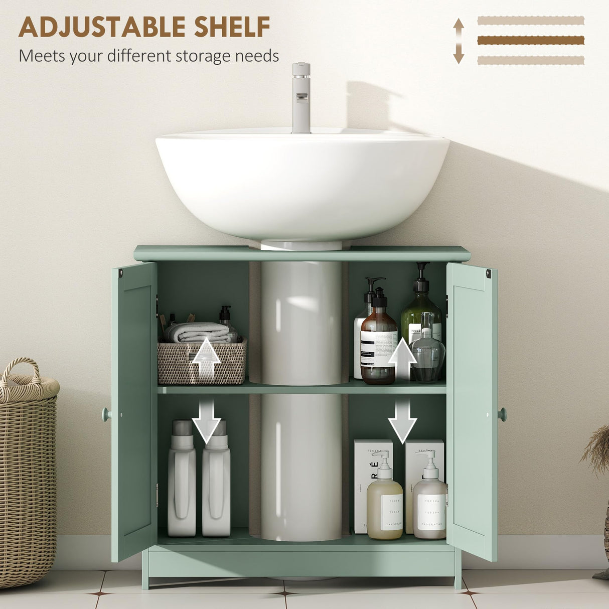 HOMCOM Under Sink Bathroom Cabinet, Pedestal Sink Storage Cabinet with 2 Doors, Shelf and U-Shape, Dark Green HOMCOM