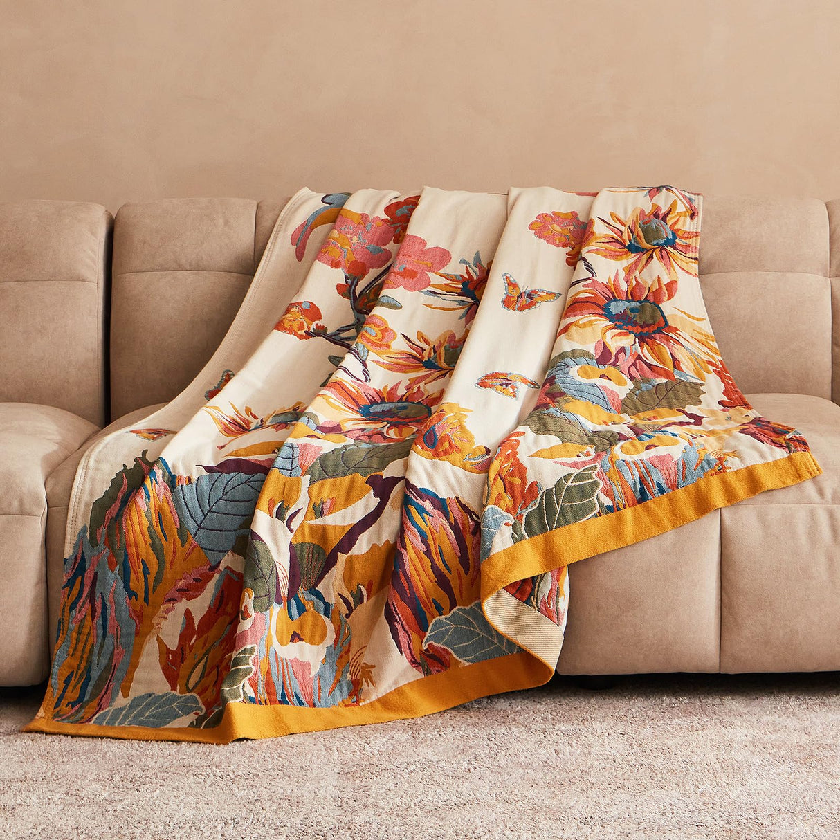 Boho Throw Blanket - 100% Cotton Ultra Soft Bed Throw Large - Fall Blanket Floral Bird and Butterfly Farmhouse Decor Bed Blankets,60"×80" All Season Blanket for Sofa Couch Chair LUTBM