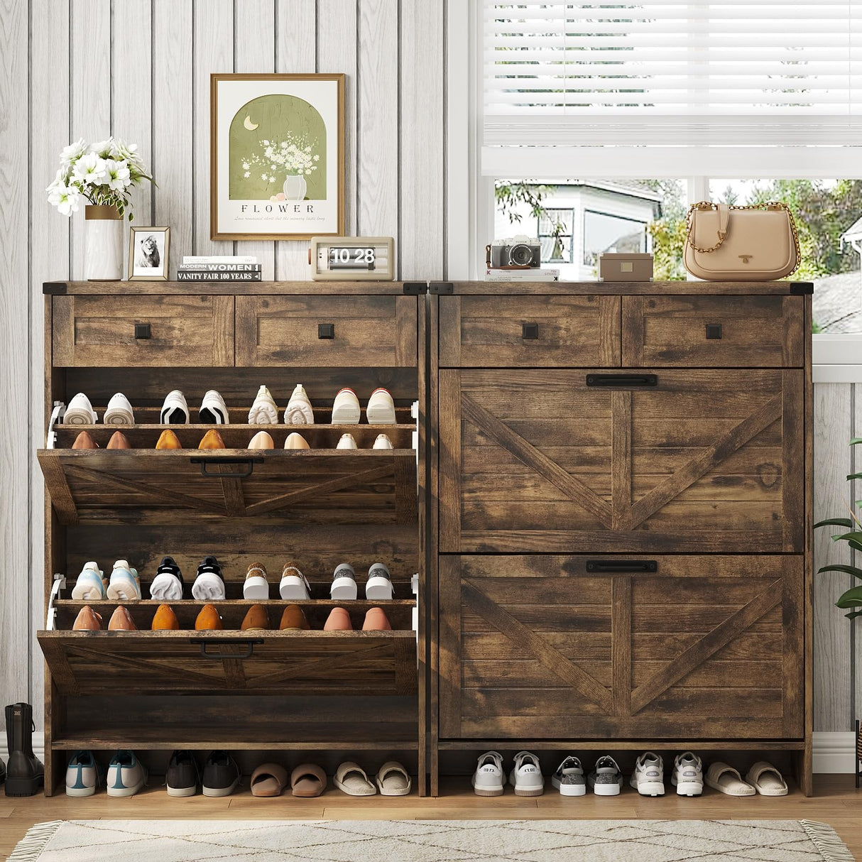 Halitaa Shoe Cabinet with 2 Flip Drawers & 2 Drawers,Farmhouse Shoe Storage Cabinet for Entryway,Slim Freestanding Narrow Organizer Rack for Front Door Entrance,Rustic Brown Halitaa