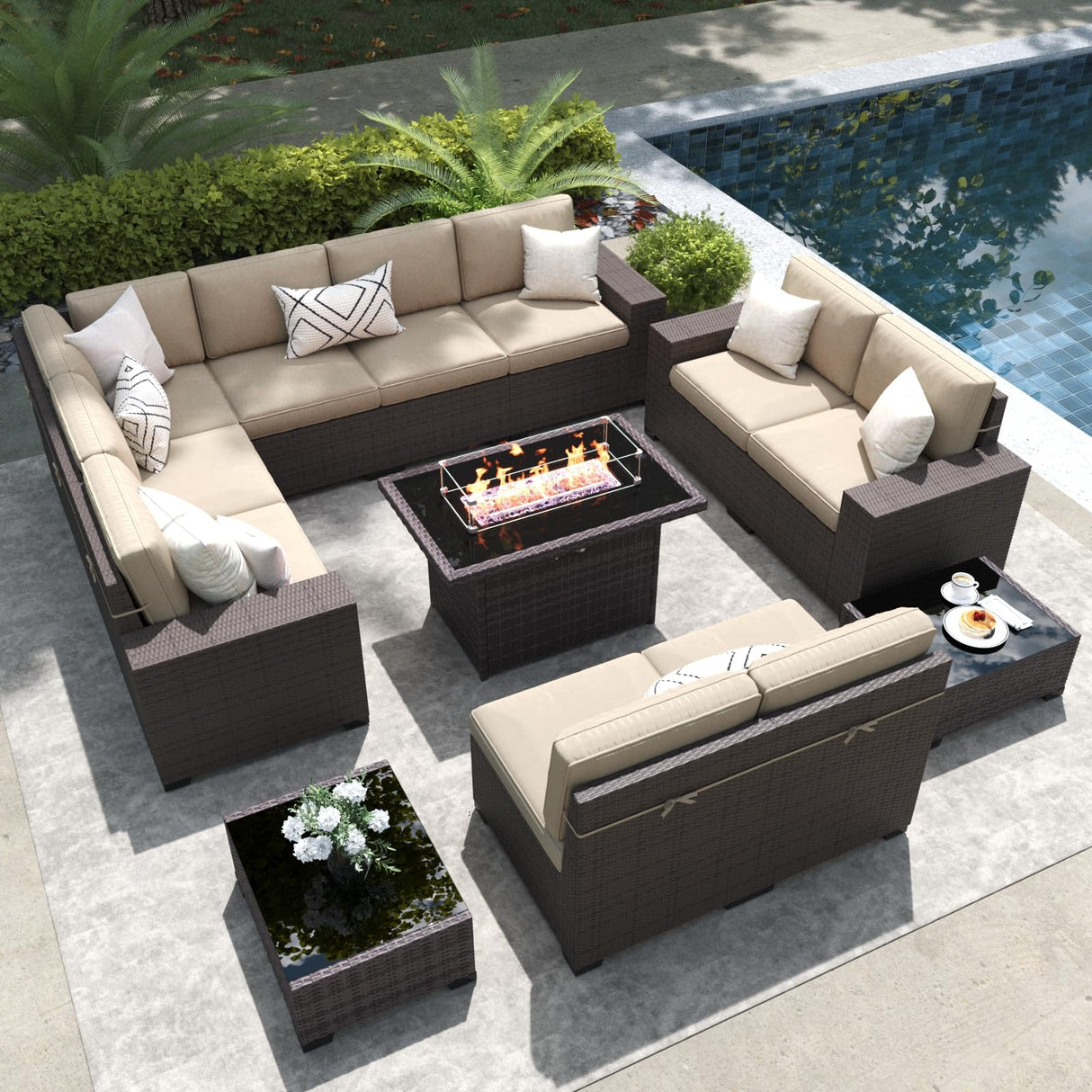 LayinSun 13 Pieces Outdoor Patio Furniture Set with 44" Fire Pit Table Brown Rattan Sectional Sofa Conversation Sets LayinSun