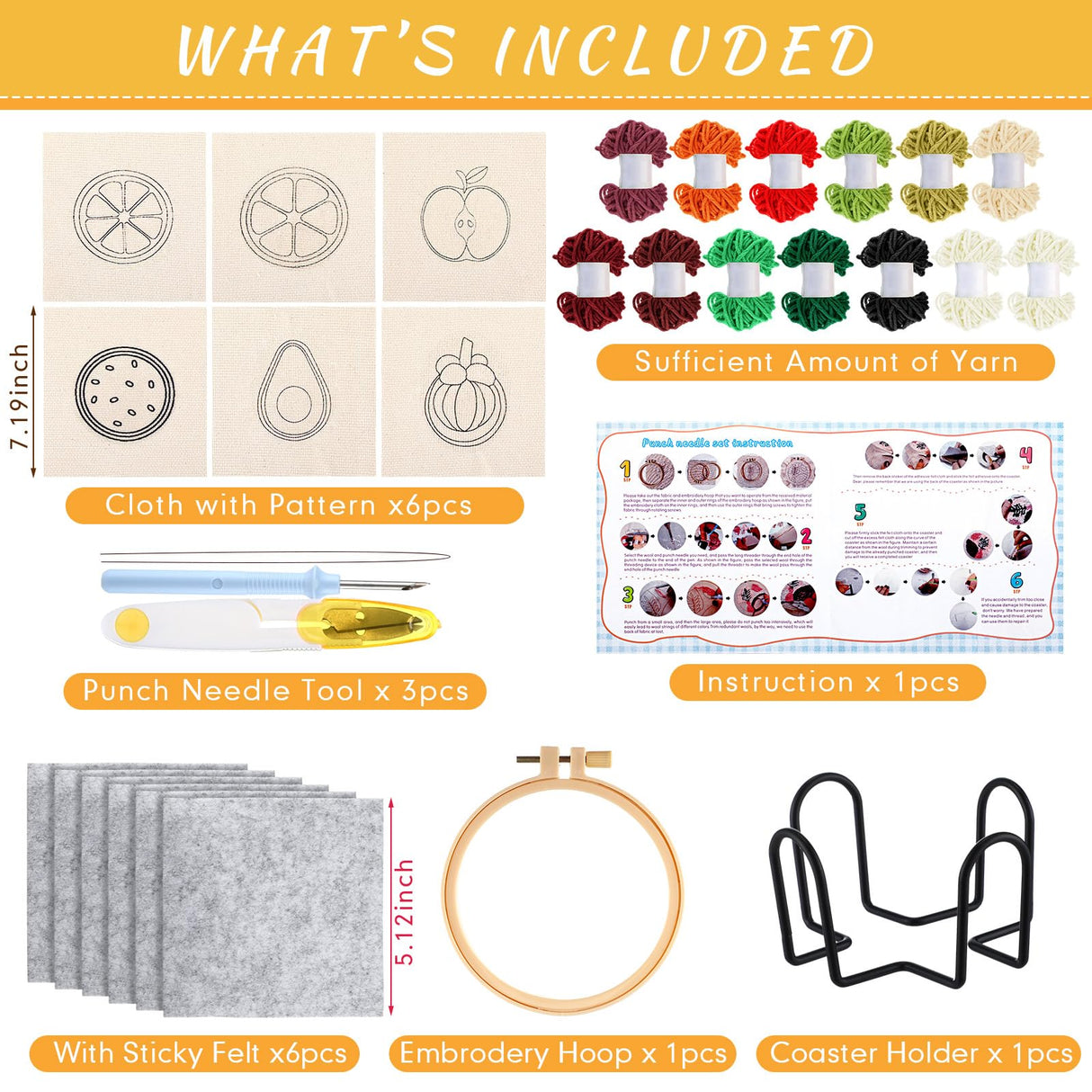 Yaomiao 6 Pcs Fruit Punch Needle Coaster Kit Punch Needle Embroidery Kits Craft Supplies with Patterns Yarns Tools Adhesive Felt Embroidery Hoop Instruction Holder for Adult DIY Yaomiao