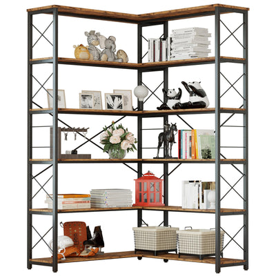 IRONCK 6-Shelf Corner Bookcase, Vintage Industrial Corner Bookshelf Etagere Bookcase, 6 Tiers Corner Shelf Storage Rack with Metal Frame for Living Room Home Office