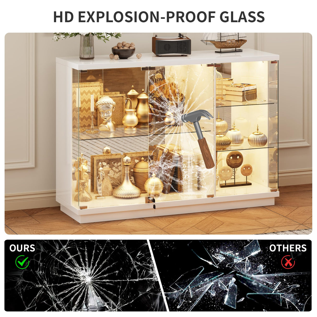 HNEBC Lockable Display Curio Cabinet with Glass Door,47.2" W Glass Display Cabinet with 3 Color Lights for Collectibles,5-Tier Lighted Display Case with Human Sensor,Living Room,White HNEBC