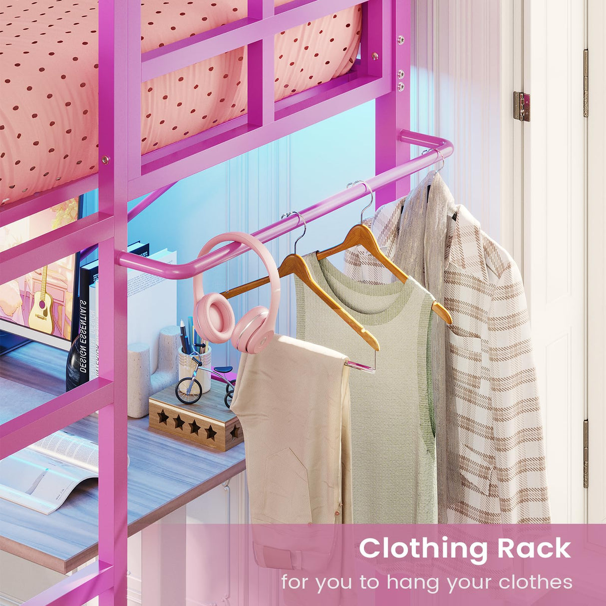 Hasuit Twin Metal Loft Bed with LED Lights, Loft Bed Twin Size with Full-Length Guardrail &Clothes Rack, Heavy Duty Loft Bed Twin Frame, Space-Saving, Noise Free, No Box Spring Needed, Pink Hasuit