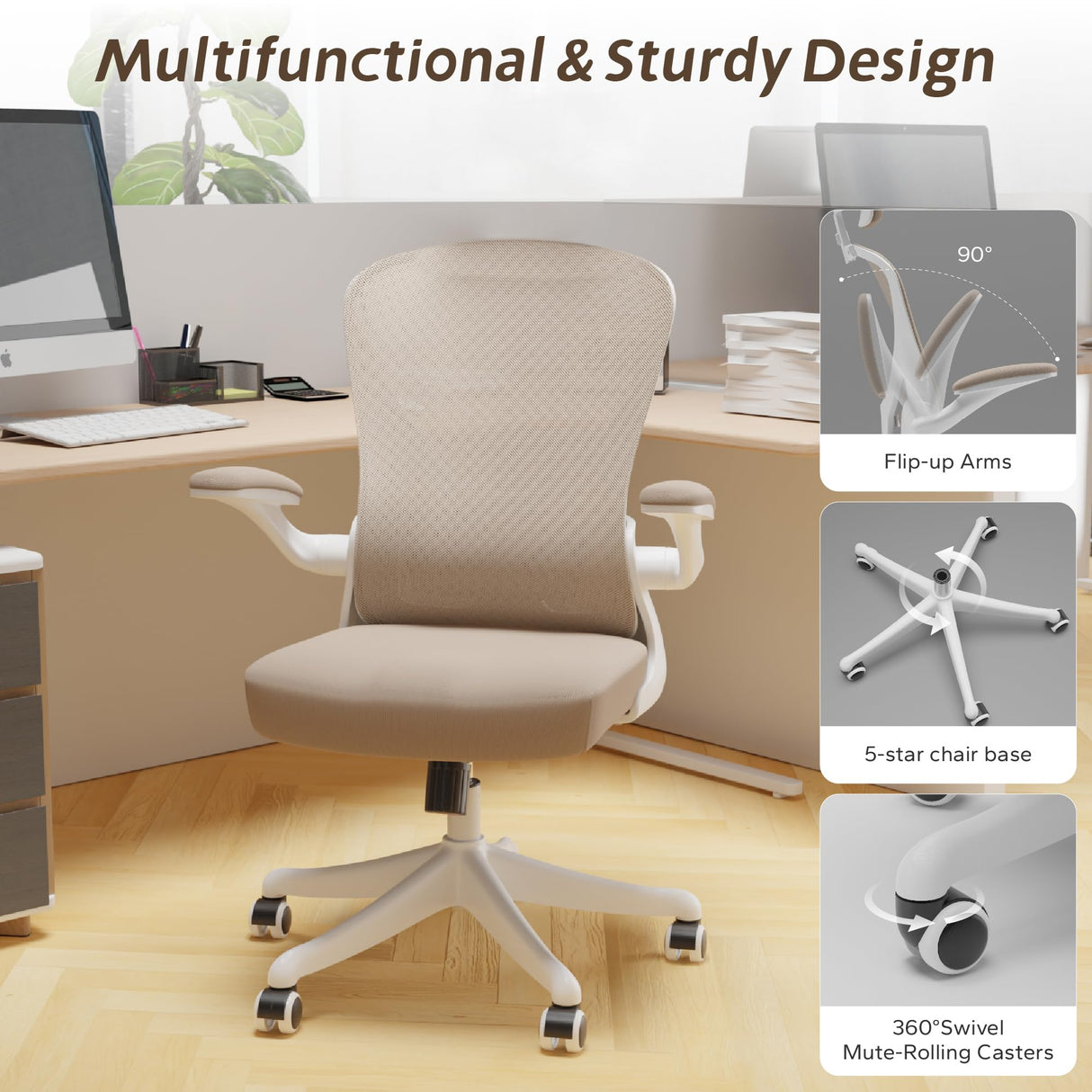 SICHY AGE Office Chair, Ergonomic Desk Chair with Flip-Armrest & Cushion for Lumbar Support, Mid Back Computer Chair with Thickened Cushion, Desk Chair Comfy with Wheels for Study and Work, Khaki SICHY AGE