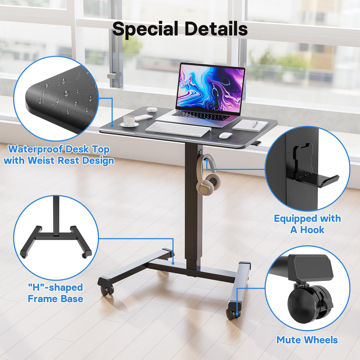 BONTEC 25.6" x 17.7" Gas Spring Mobile Stand Up Desk, Podium, Rolling Standing Desk Up to 33LBS with Wheels and Stoppers, Laptop Standing Desk Height Adjustable, Black BONTEC