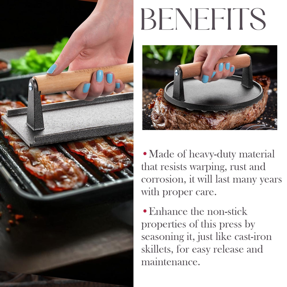 Bellemain Heavy-Duty Cast Iron Grill Press Set – Perfect Smash Burger & Steak Press with Ergonomic Wood Handle for Pro-Level Searing on Griddle, Skillet, or BBQ Bellemain