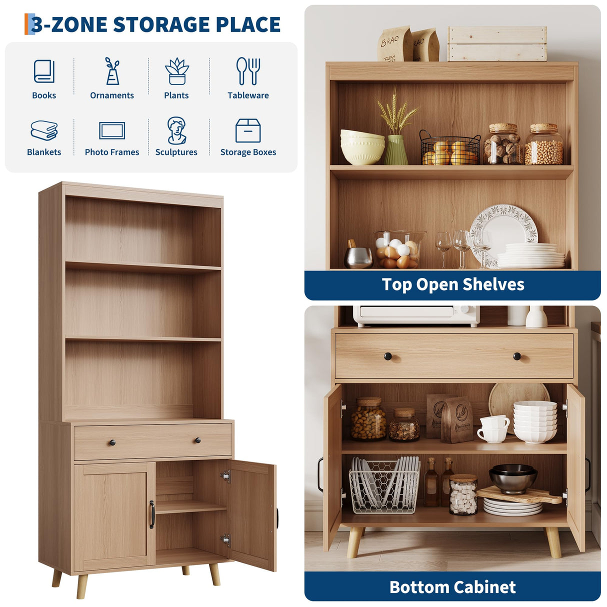 GarveeHome Tall Bookshelf with Storage Cabinet, 72.4" Wood Bookcase with Doors, Drawer & Open Shelves, Freestanding Display Bookshelves for Home Office, Living Room, Bedroom, Kitchen GarveeHome