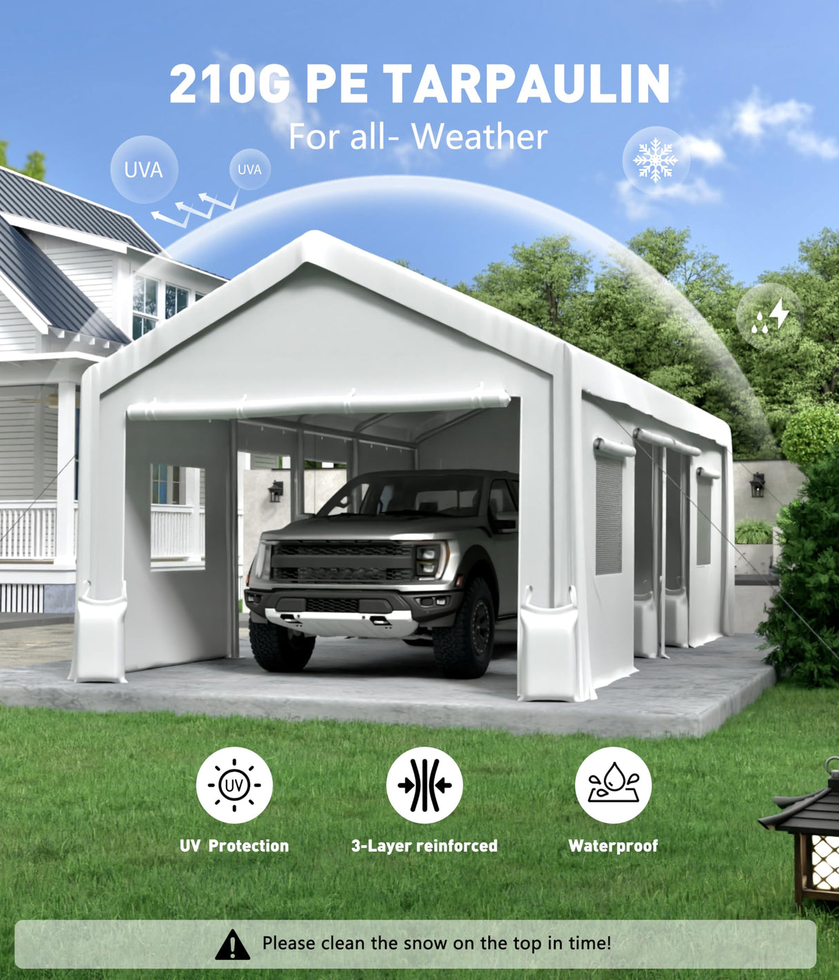 GarveeLife 20'x 10'x 11' Windproof Carport Top Replacement Cover Grey Heavy-Duty Garage Top Tent Shelter Tarp Waterproof & UV Protected (Top Cover ONLY, Frame Not Included) White GarveeLife