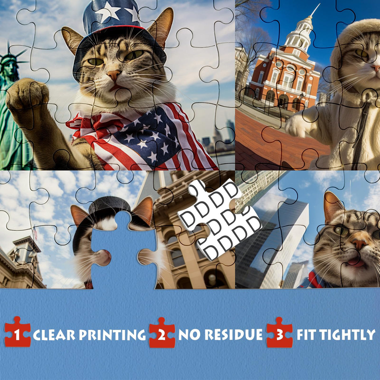 Funny Cat Art Puzzles for Adults 1000 Pieces, Nature Travel Kitten US Landmarks Jigsaw Puzzles, Animal Landscape Collage Scenic Puzzle IdeaBazar