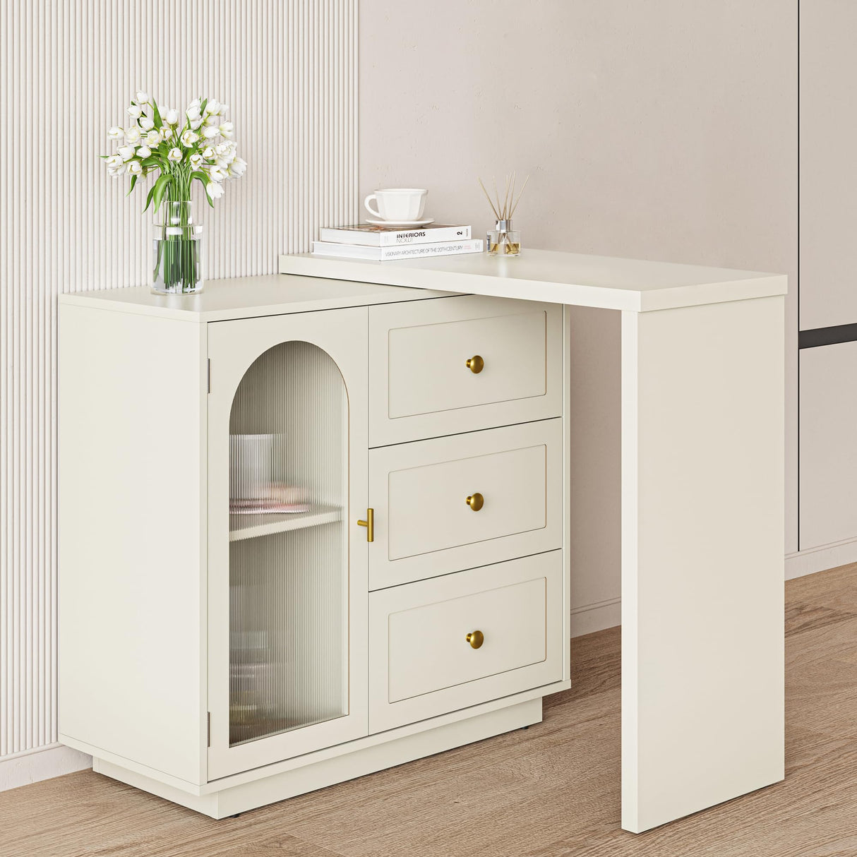 RoyalCraft Makeup Vanity Desk, Extendable Corner Vanity Makeup Table with 3 Drawers & 1 Door, Modern Dressing Table for Bedroom, Cream White Makeup Vanity Without Mirror RoyalCraft