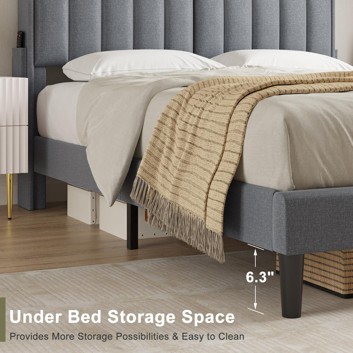 FYRENA Upholstered Full Bed Frame with LED Headboard, Storage Footboard and USB Ports FYRENA